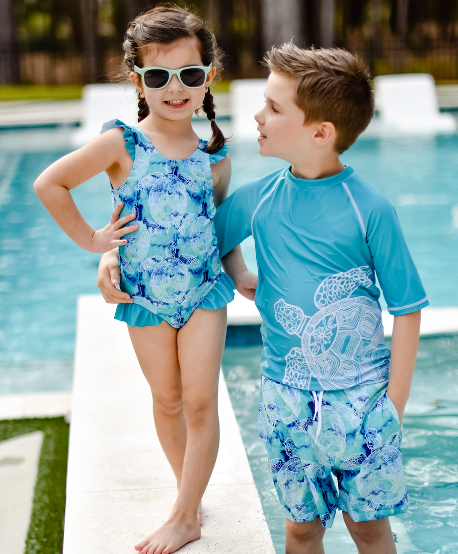 Millie Loves Lily - Turquoise Tie-DyeTurtle Long-Sleeve Rashguard Set