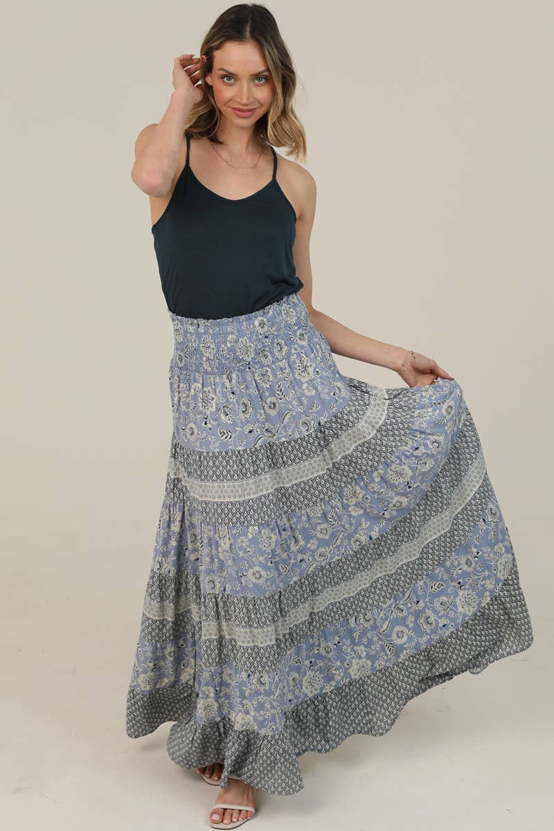 ANGIE - 26P57-WA26 TIERED A LINE SMOCKED WAIST MAXI SKIRT