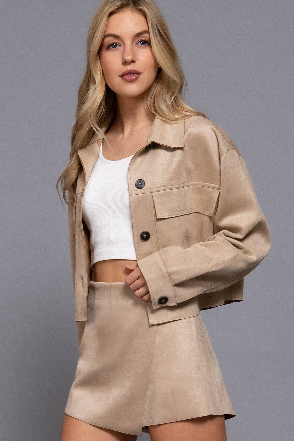 Active Basic | Active USA - Long Sleeve with Front Patch Pocket Faux Suede Short Jacket