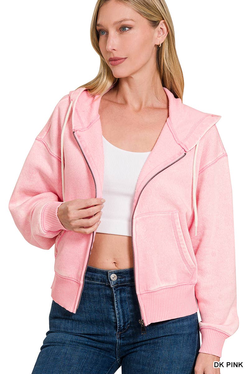 Acid Wash Fleece Cropped Zip-up Hoodie W Pockets: 2-2-2 (S-M-L) / LT OLIVE