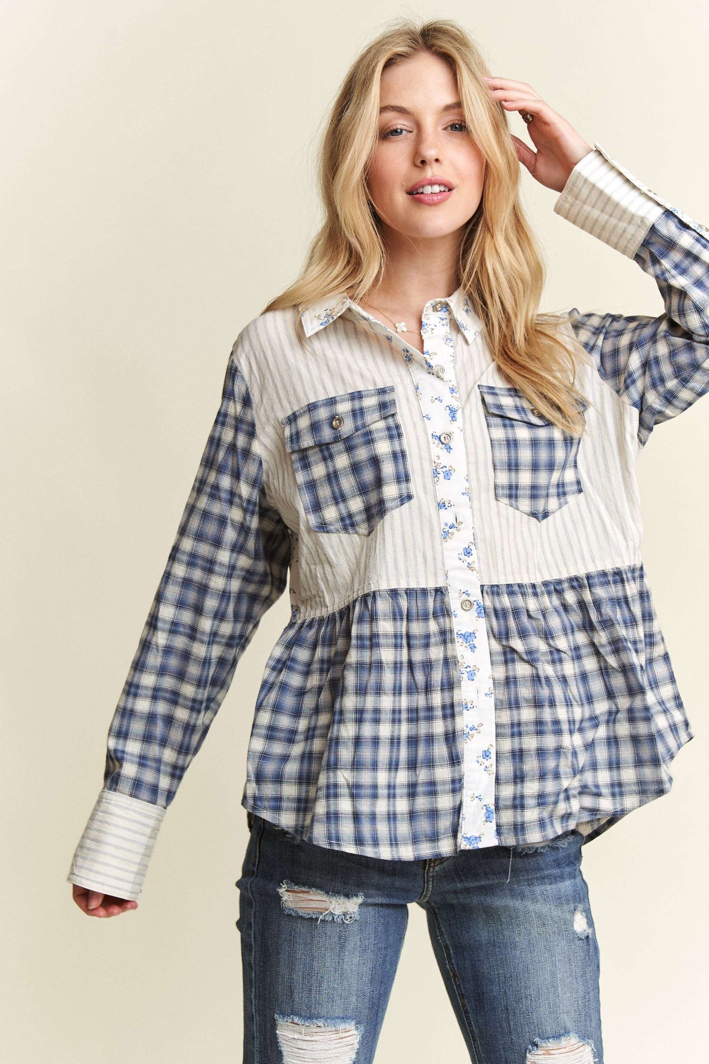 ADORA LA - BUTTON DOWN FABRIC MIX BABYDOLL SHIRT
