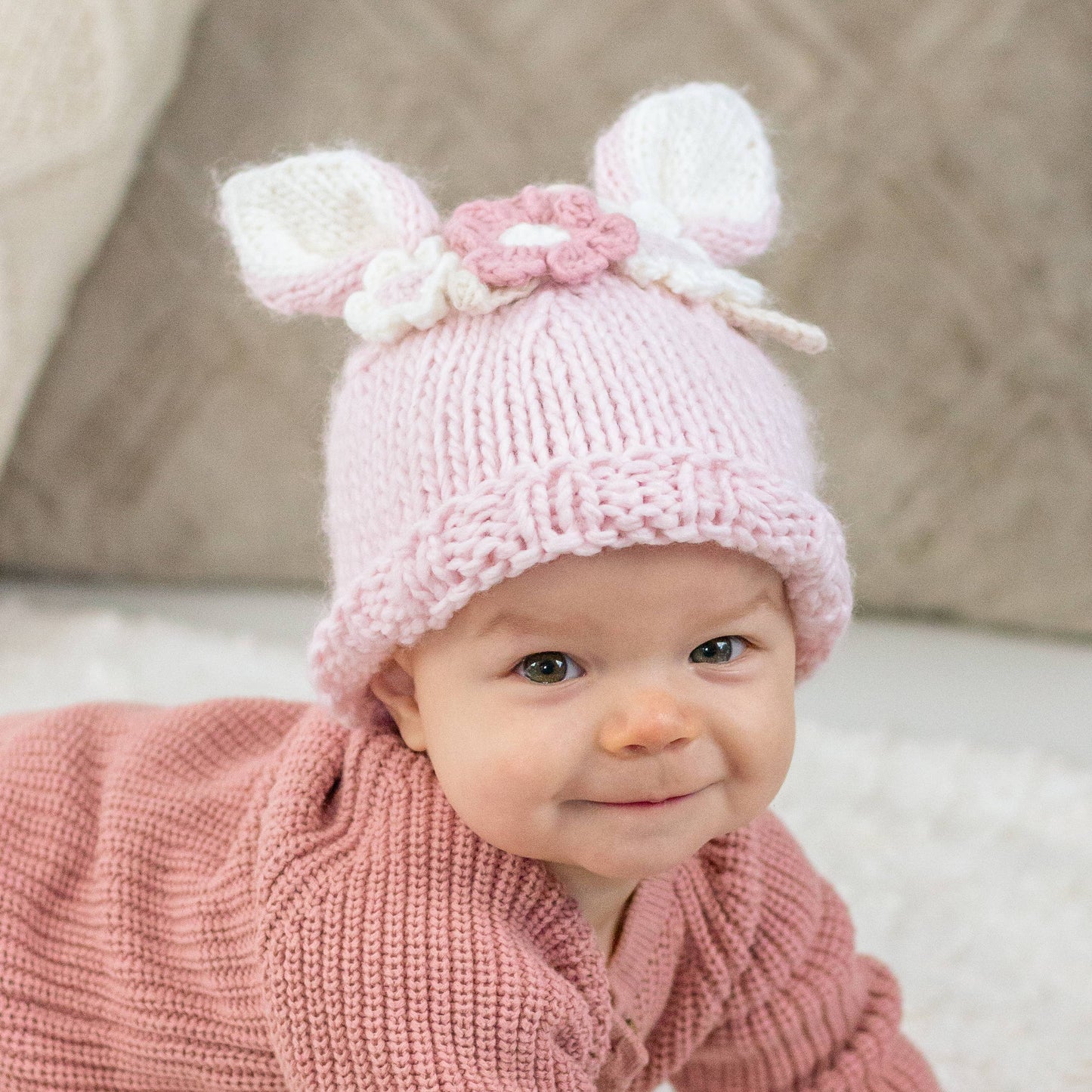 Huggalugs - Flower Bunny Beanie Blush Mono Beanie Baby & Kids