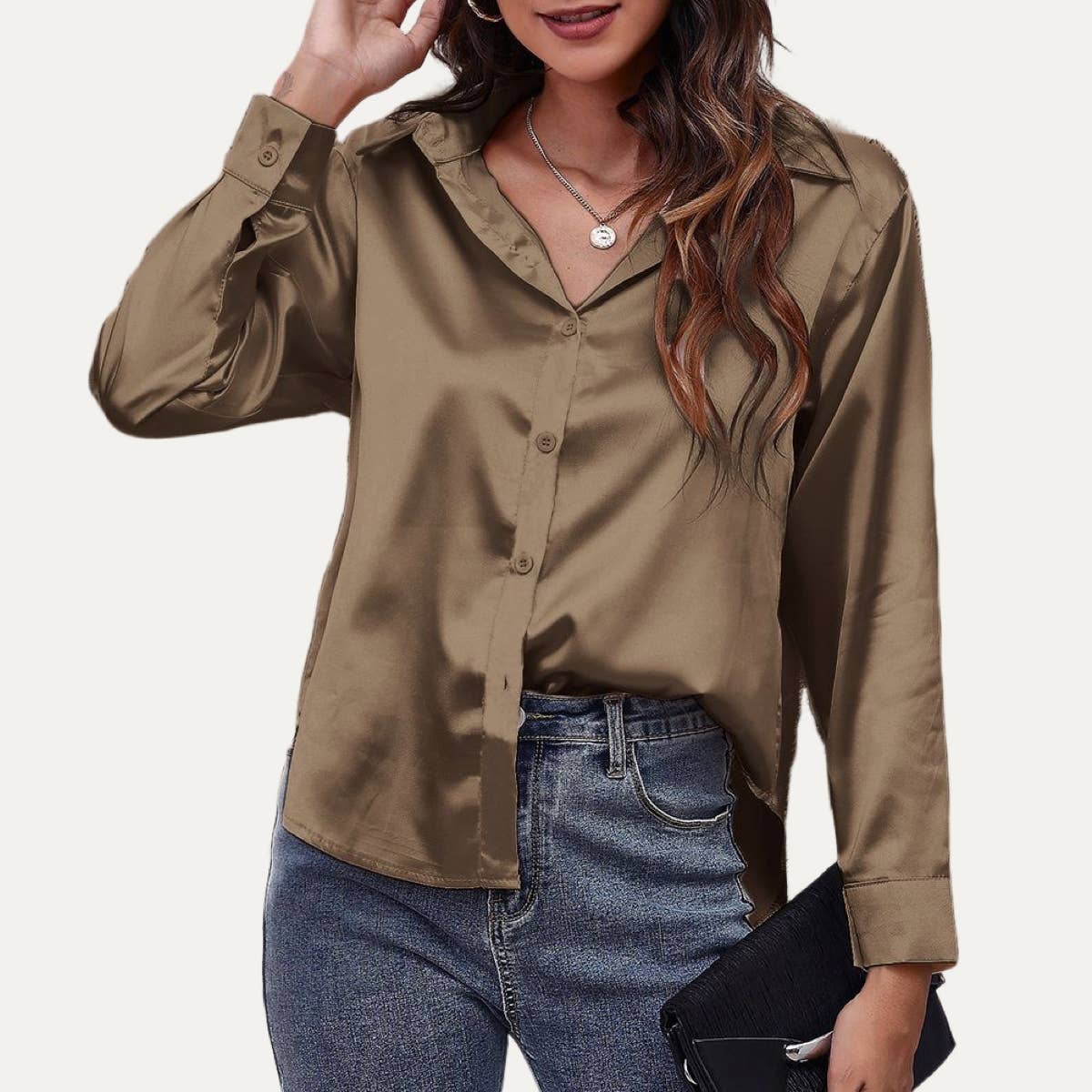 Easily Chic Solid Long Sleeve Button-Up Satin Shirt: BROWN / S