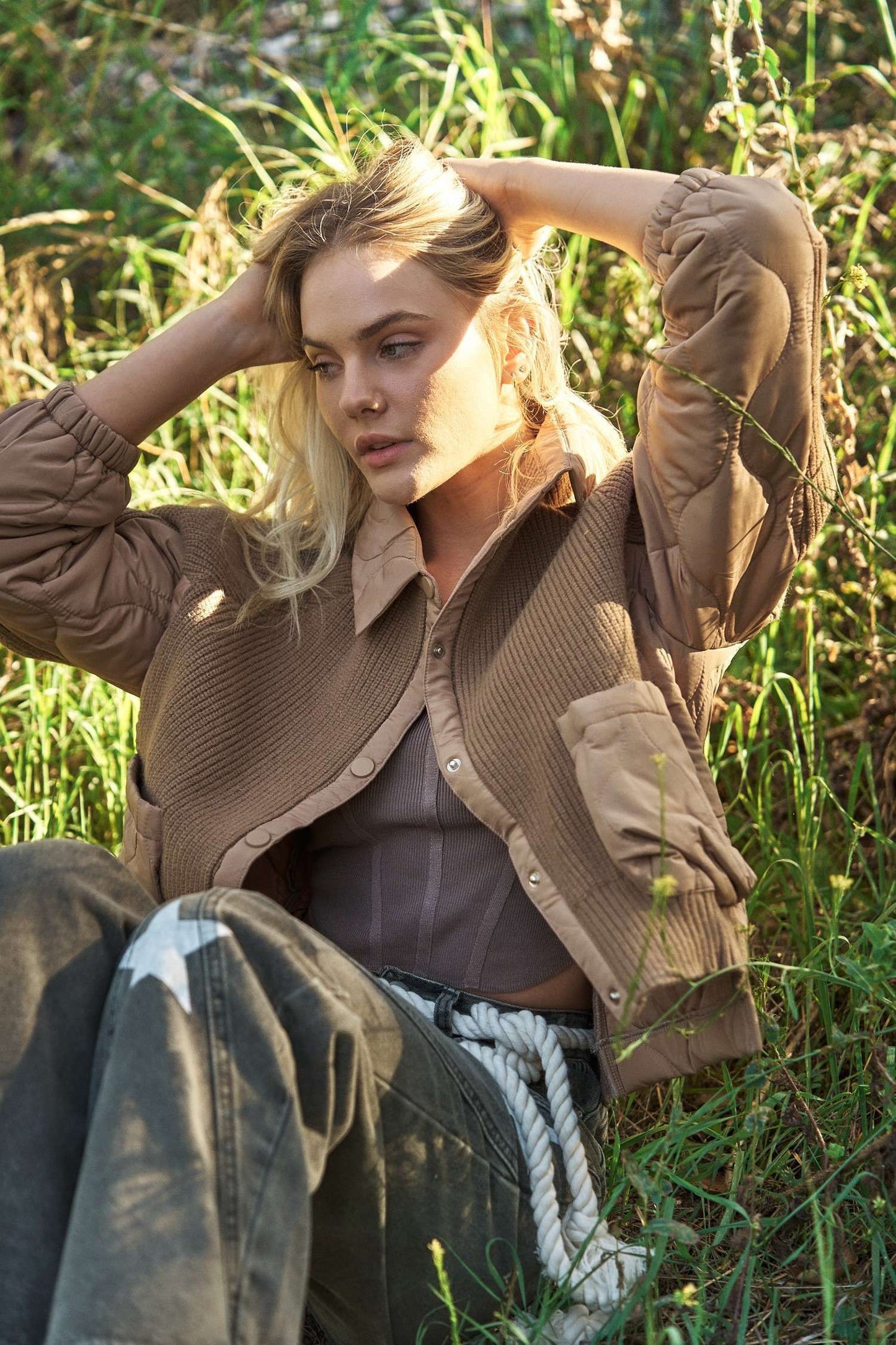 Mello. - Ribbed Sweater Jacket with Quilted Detail.
