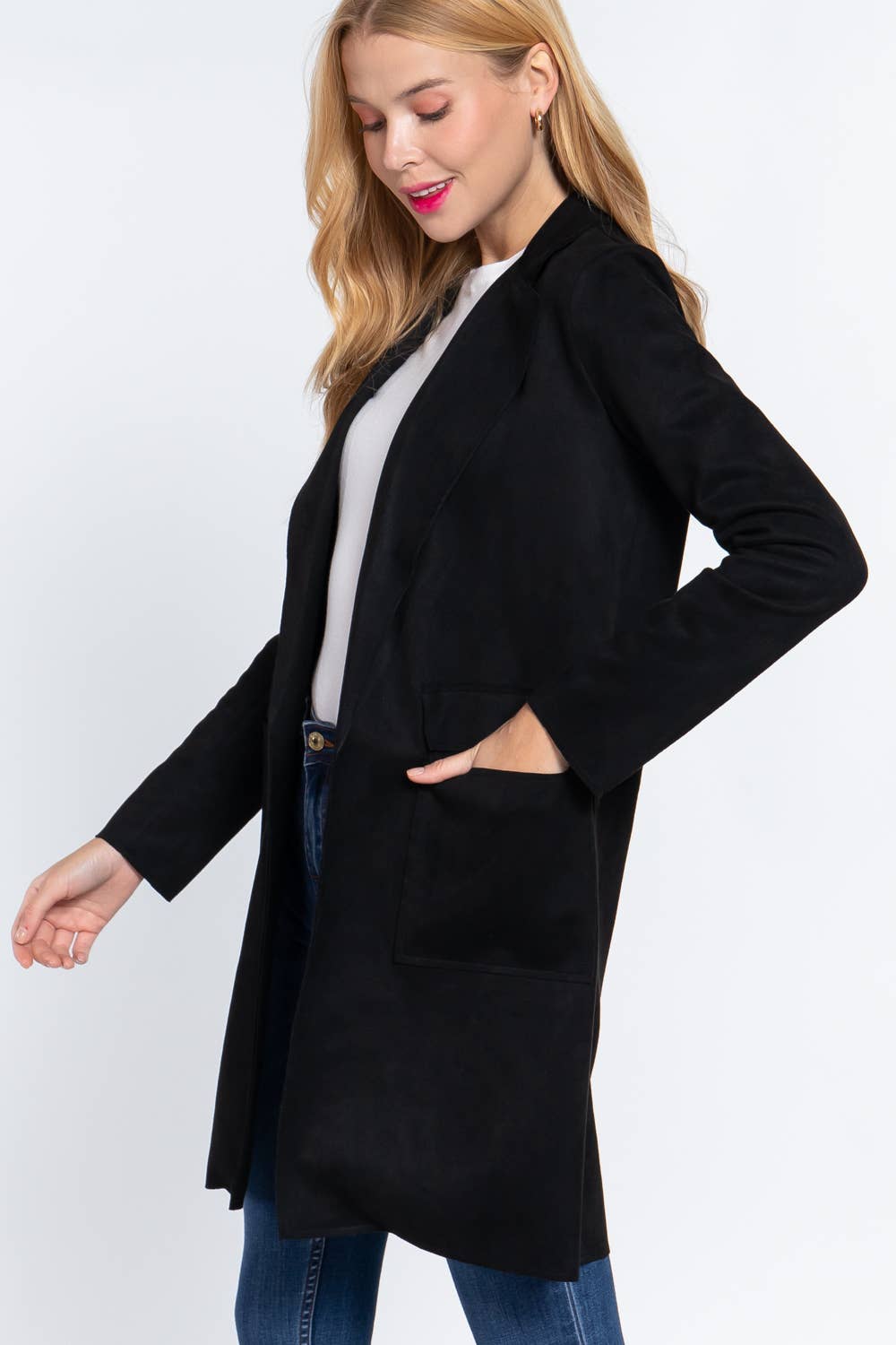 Active Basic | Active USA - Long Sleeve Open Front Faux Suede Jacket