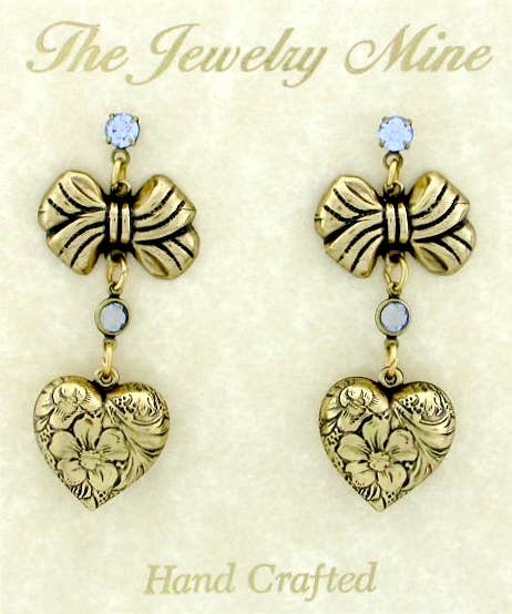 VintageJewelrymine - Victorian Puffed Hearts & Bows Earrings - Lt. Blue