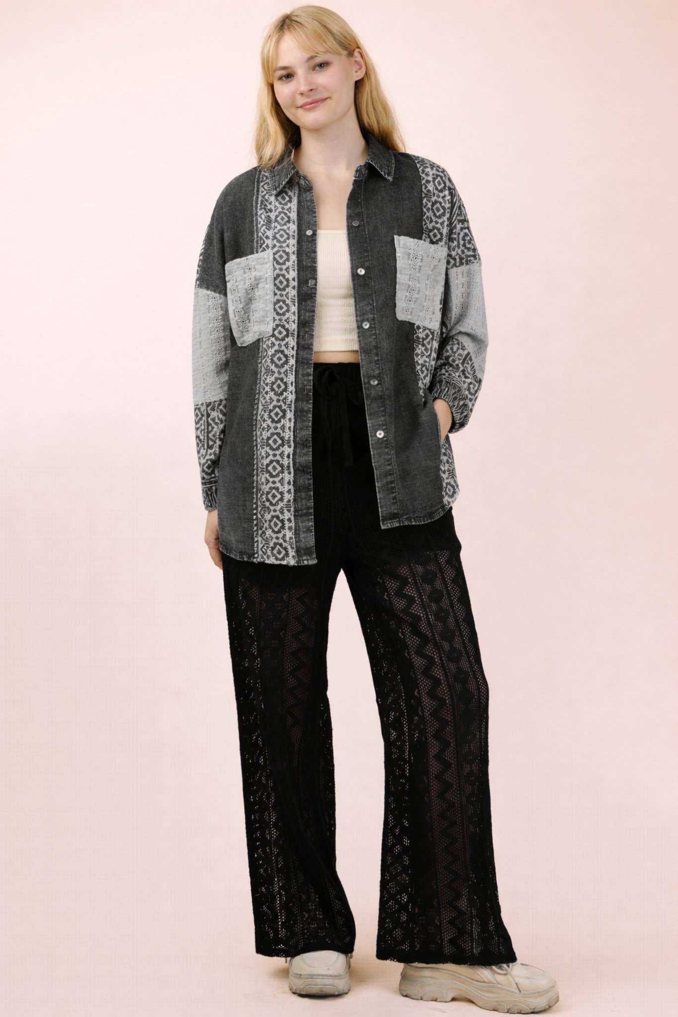 VERY J - NT12456-Oversized Washed Denim Shirt Top W/ Cont Fabric