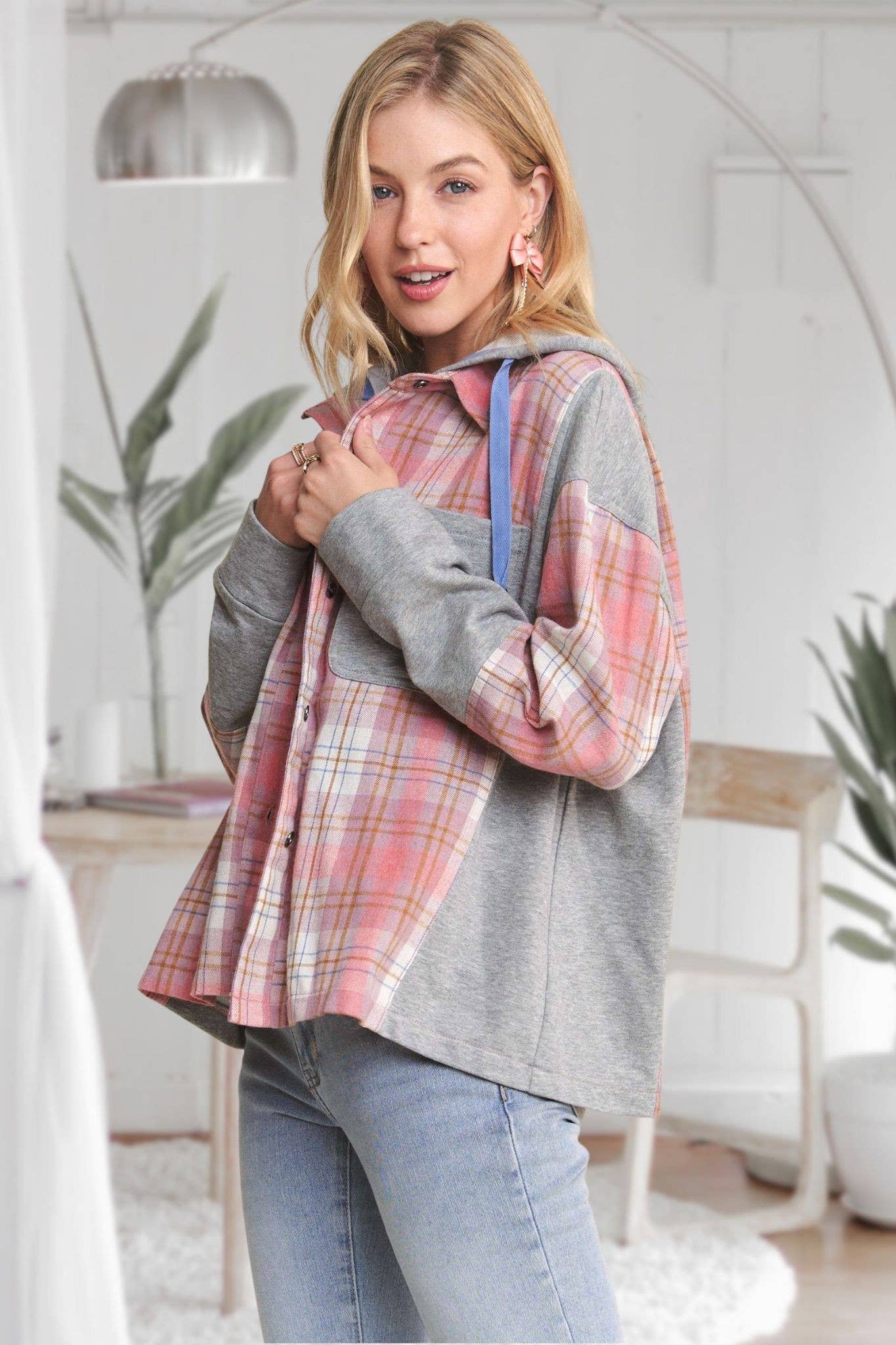 ADORA LA - CEJ3671WN - BUTTON DOWN PLAID HOODIE SHACKET