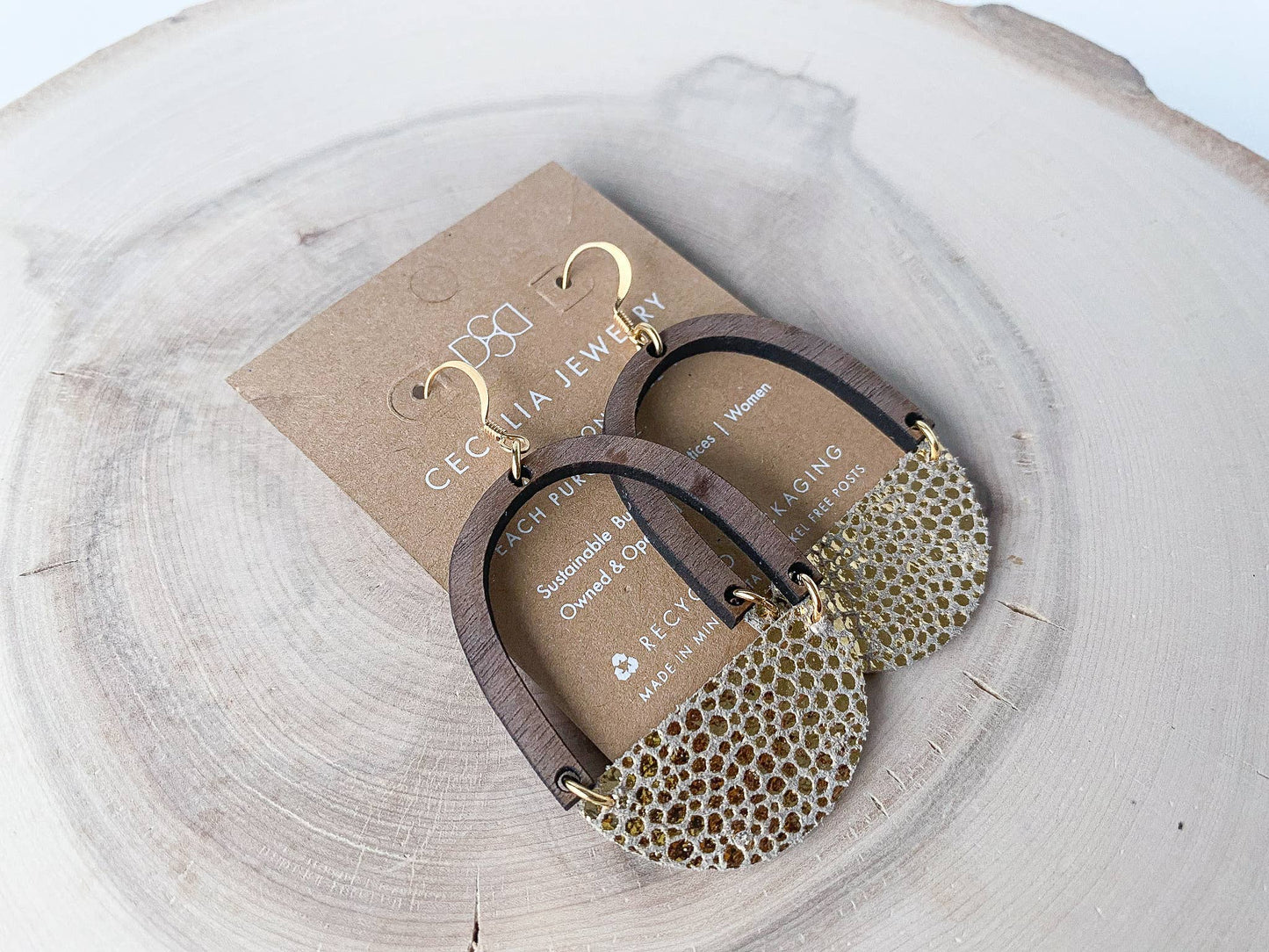 Cecelia Half Moon Wood and Leather Earrings