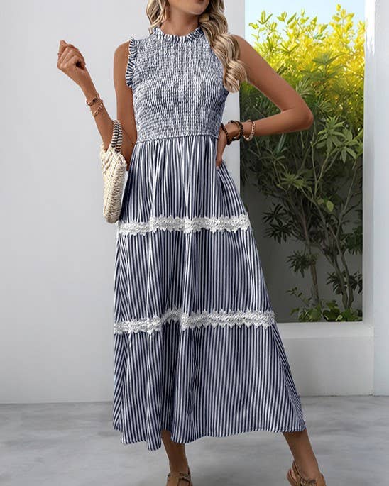 Rosa Clothing - Fashion Ruffled Round Neck Striped Lace Dress