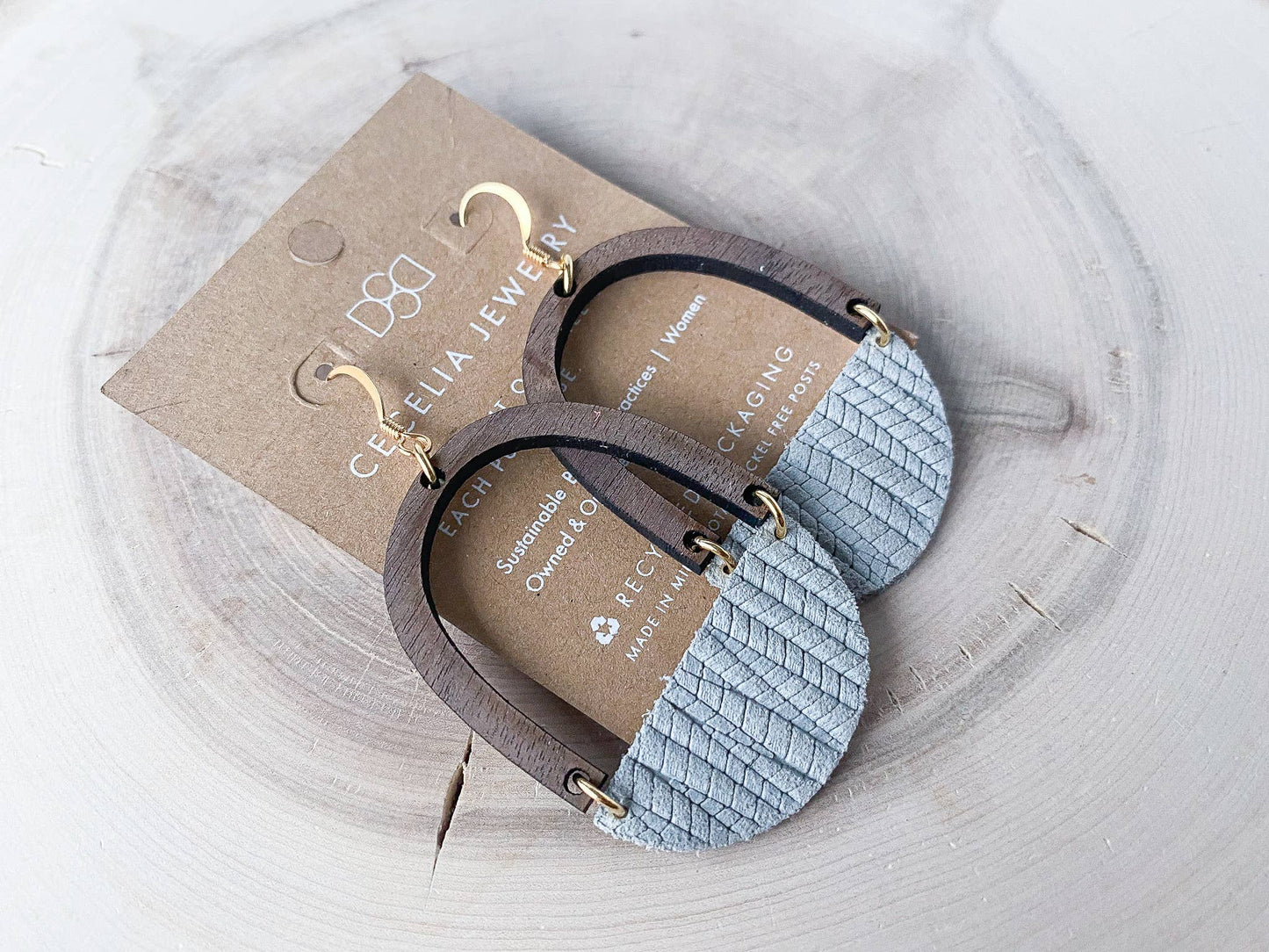 Cecelia Half Moon Wood and Leather Earrings