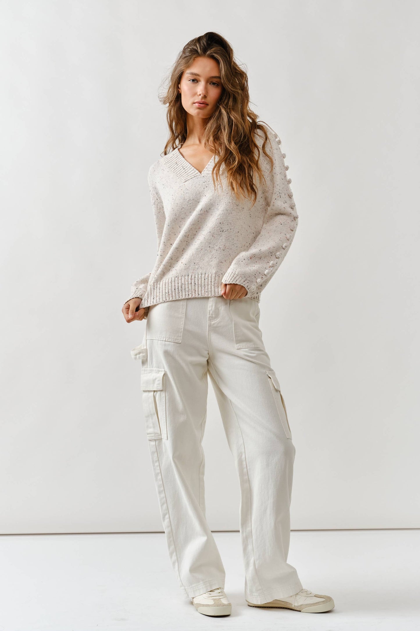 Aaron & Amber - MAS2843 POMPOM LONG SLEEVES V NECK SWEATER