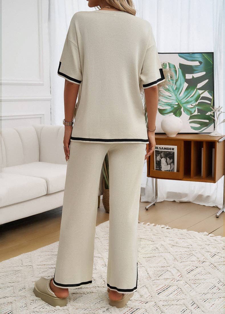Lovesoft - 2 Piece Short Sleeve Contrasting Sweater Trouser Set