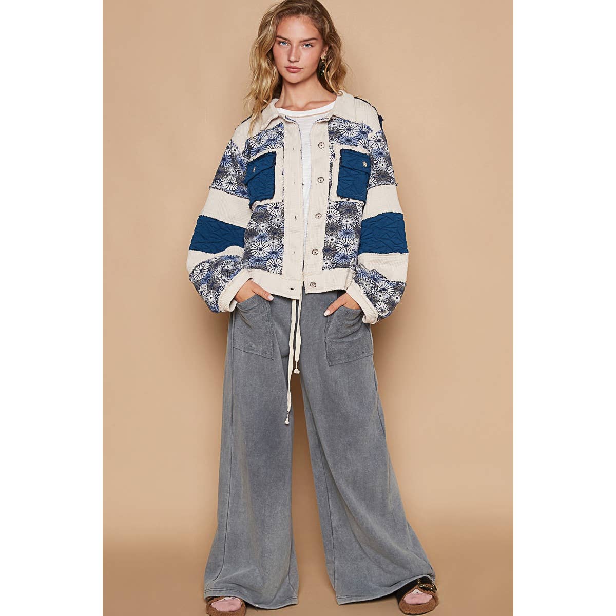 Pol Clothing - Vintage washed jacquard color block jacket