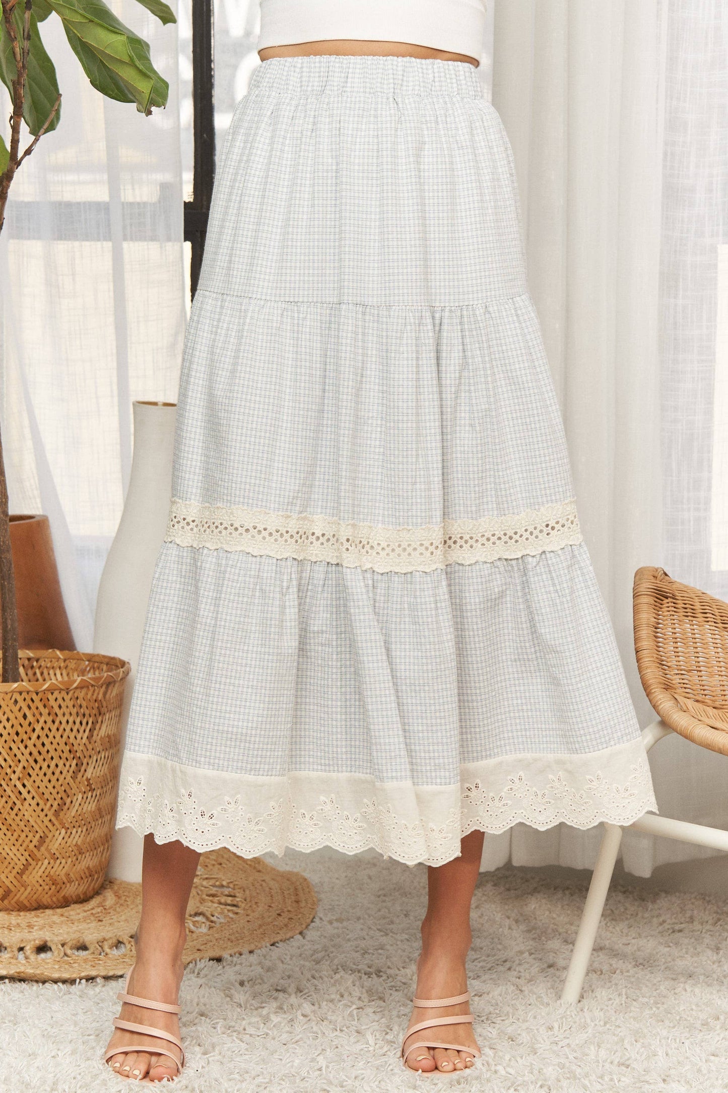 ADORA LA - CES4088 -GINGHAM TIERED MIDI SKIRT LACE TRIM