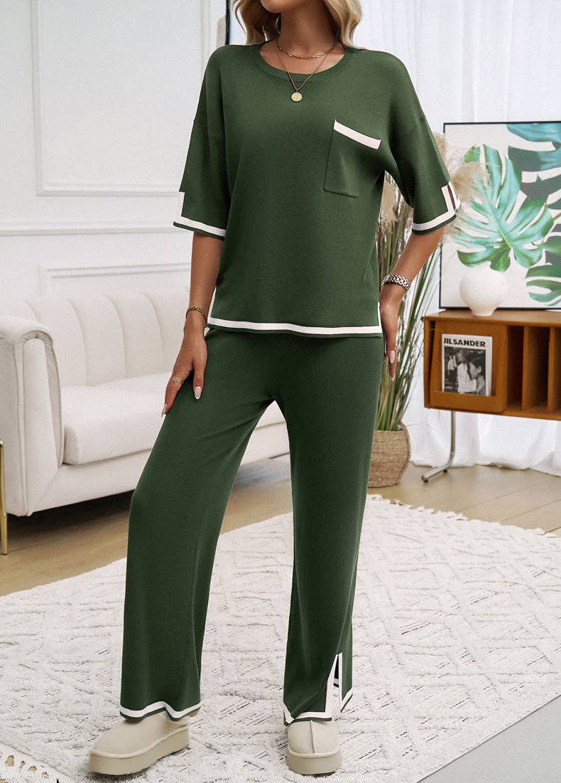 Lovesoft - 2 Piece Short Sleeve Contrasting Sweater Trouser Set