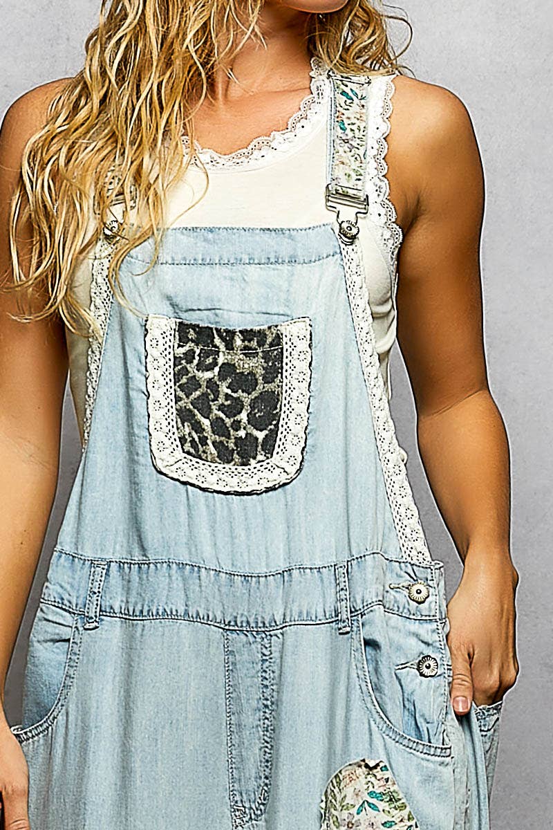 Pol Clothing - Feminine Mixed Printed Fabric Ruffle Wide Leg Overall