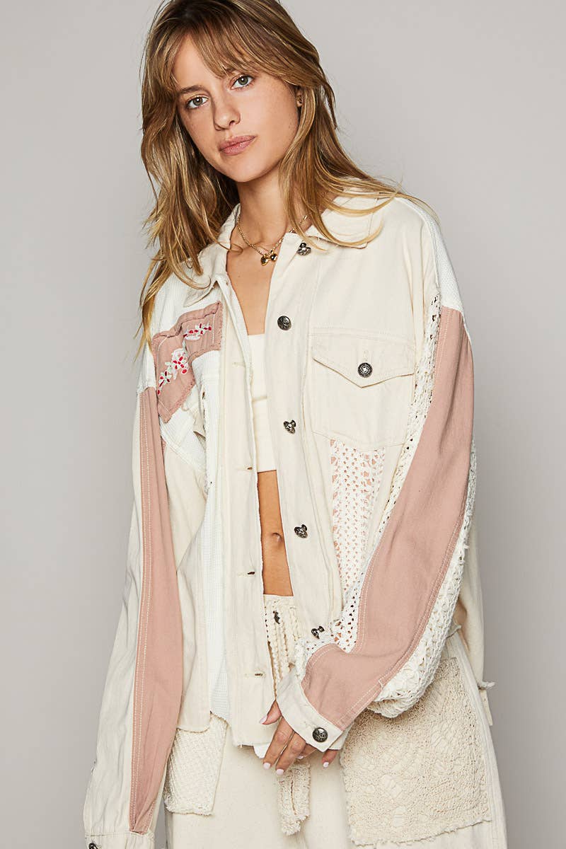 Pol Clothing - Oversize long sleeve crochet embroidery shacket