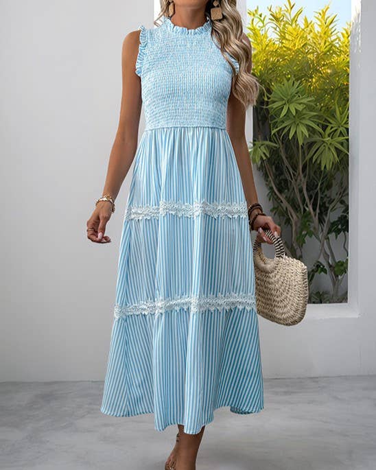 Rosa Clothing - Fashion Ruffled Round Neck Striped Lace Dress