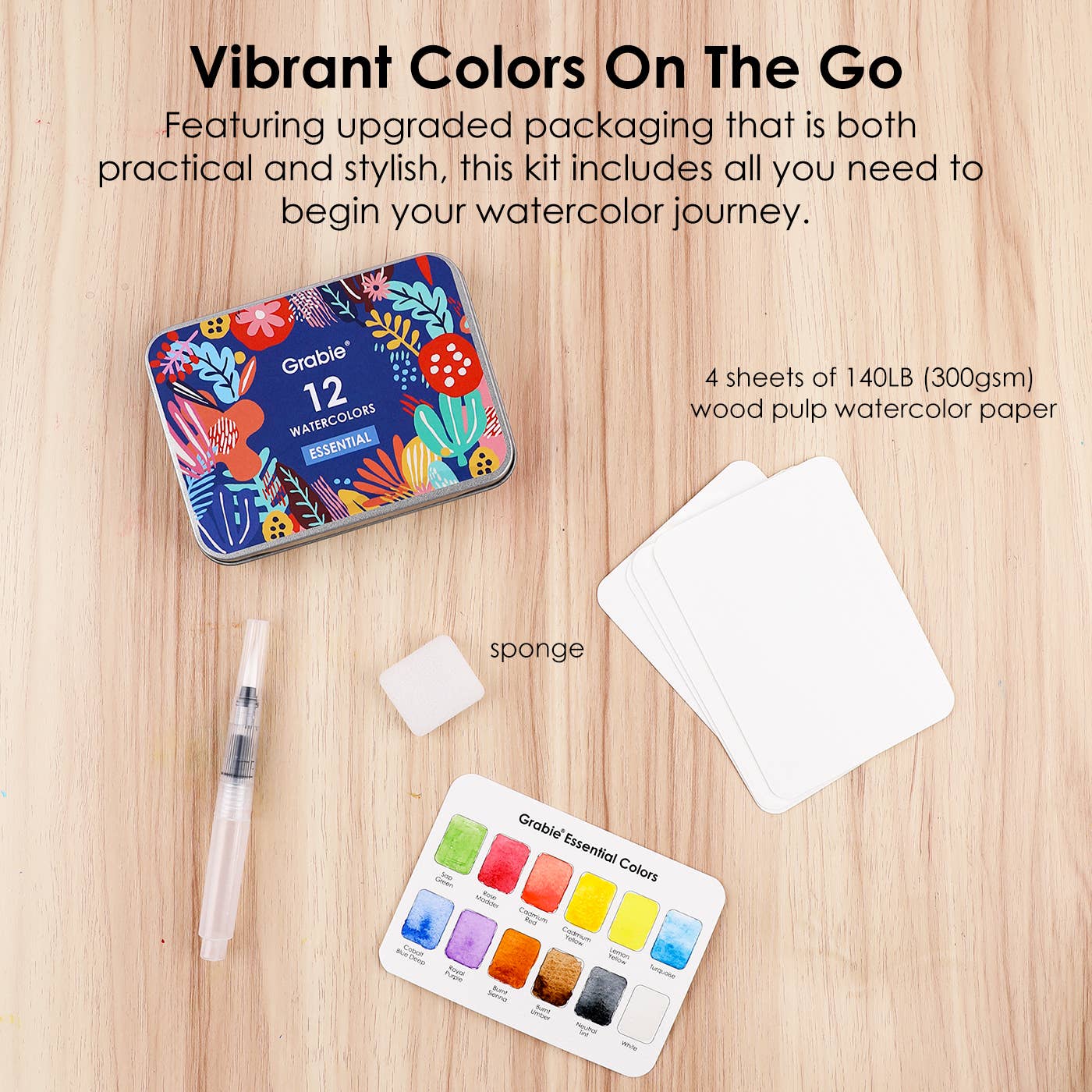 Grabie - Watercolor Pocket Set Of 12 With Brush - Essential Colors