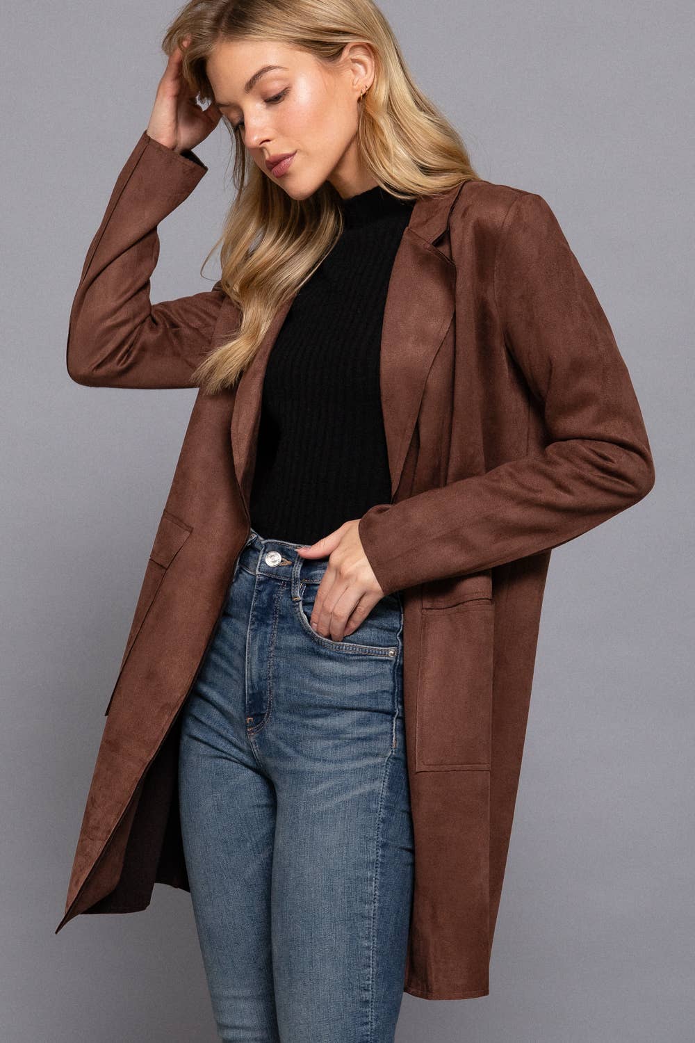 Active Basic | Active USA - Long Sleeve Open Front Faux Suede Jacket