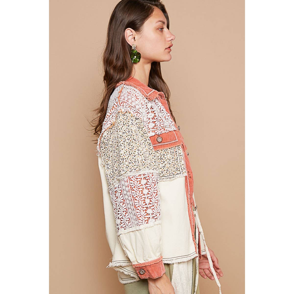 Pol Clothing - Vintage washed crochet contrast twill jacket