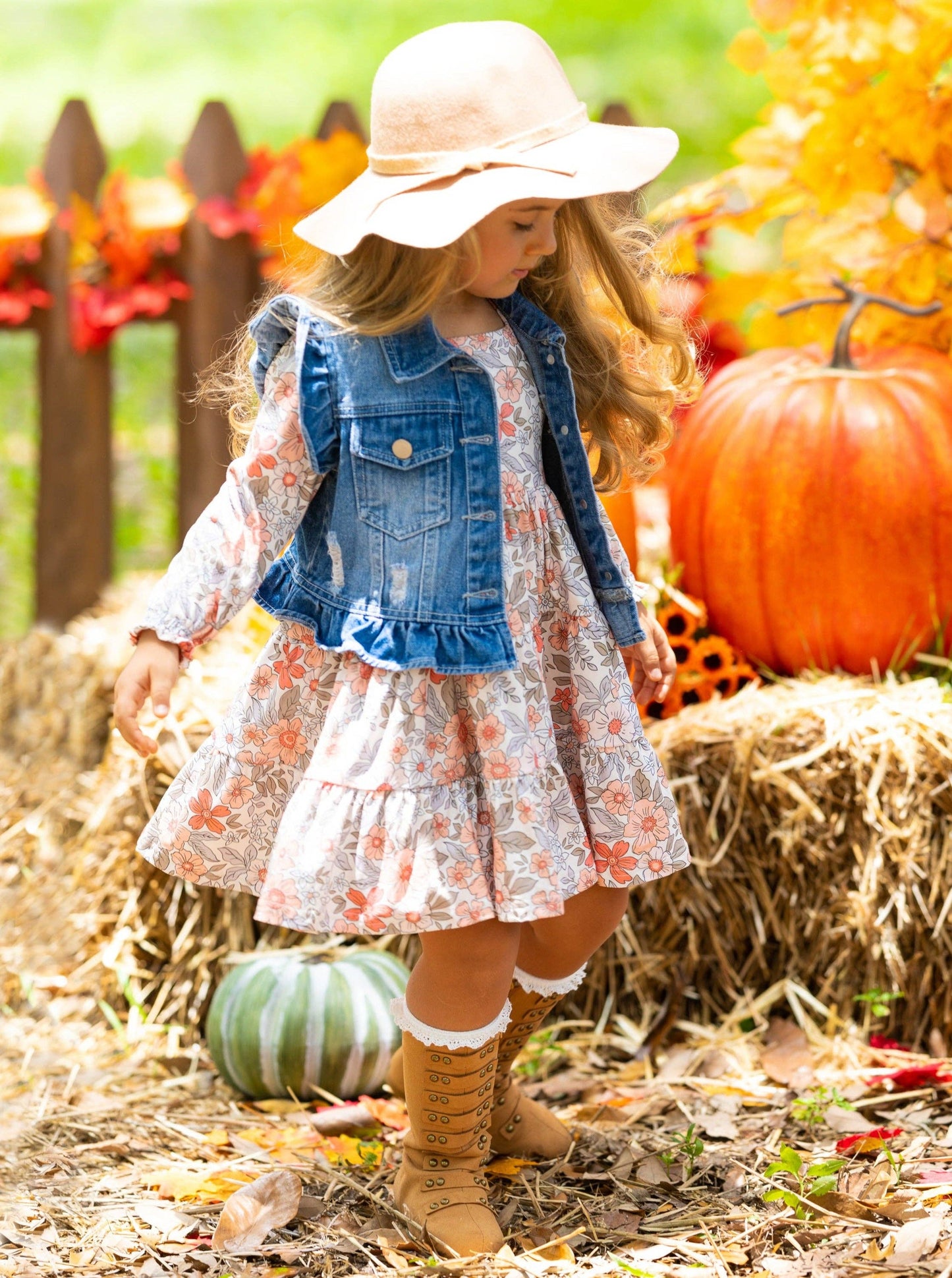 Mia Belle Girls • Wholesale - Long Sleeve Floral Dress w/ Ruffle Denim Vest & Set