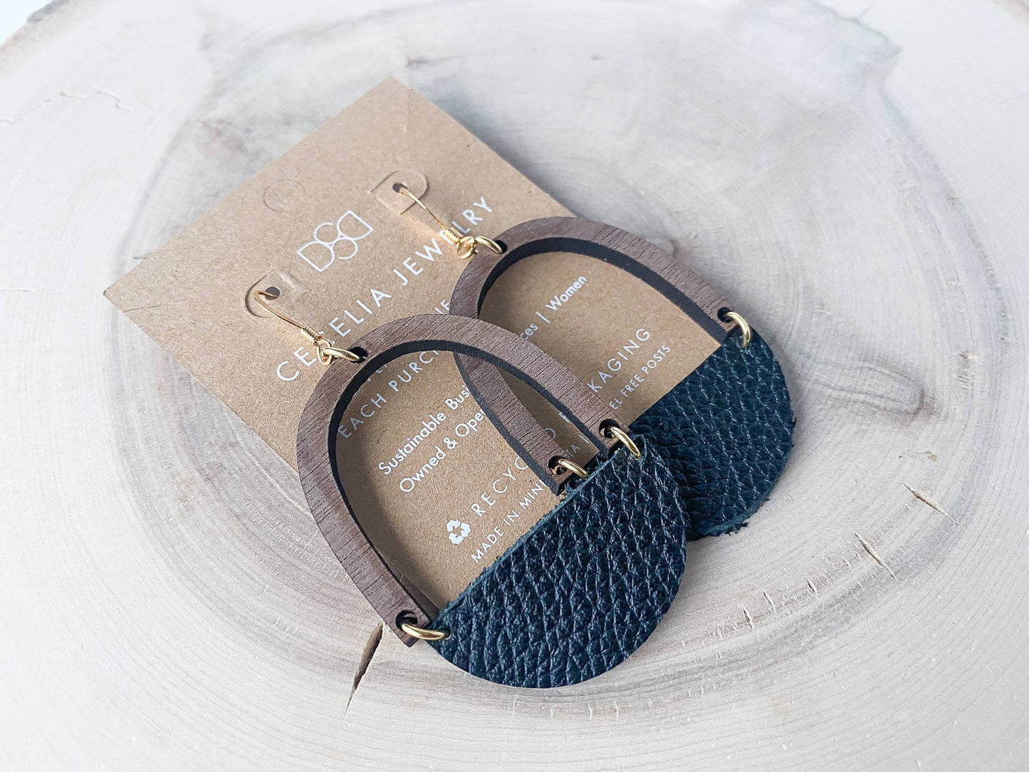 Cecelia Half Moon Wood and Leather Earrings