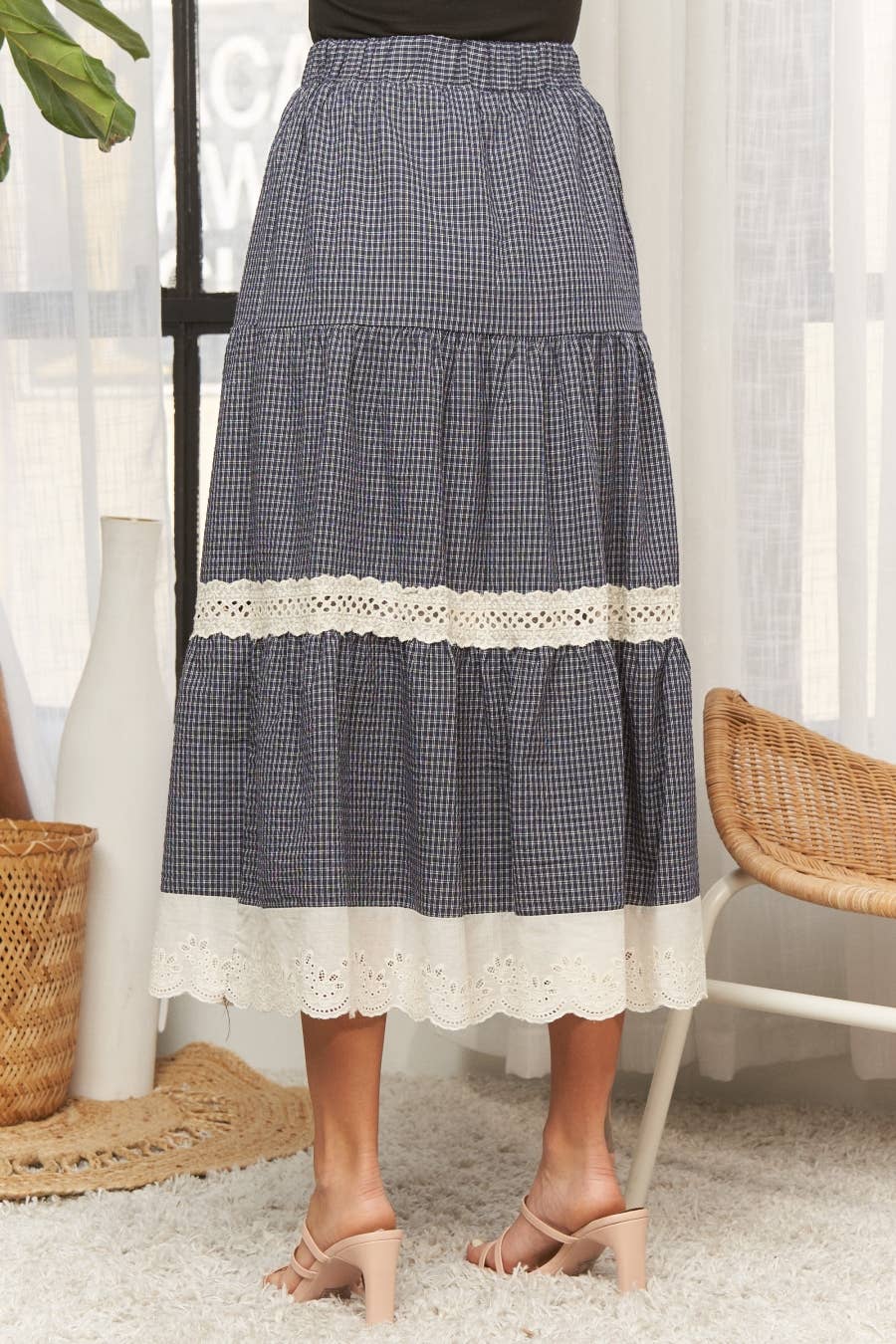 ADORA LA - CES4088 -GINGHAM TIERED MIDI SKIRT LACE TRIM