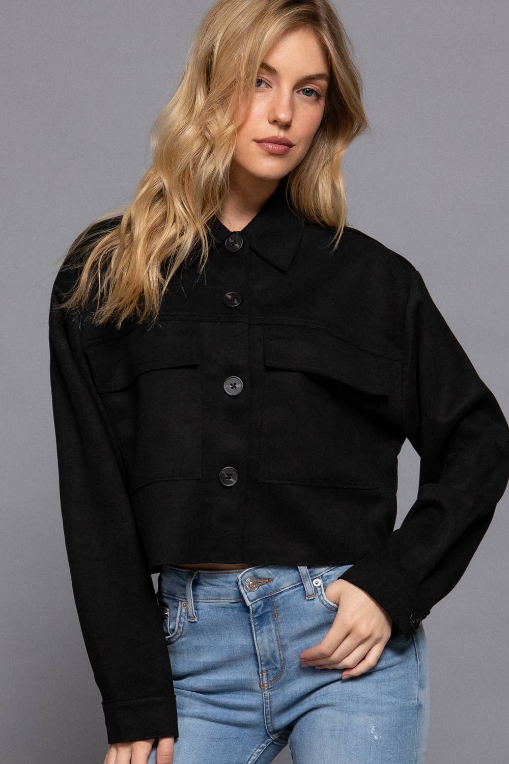 Active Basic | Active USA - Long Sleeve with Front Patch Pocket Faux Suede Short Jacket