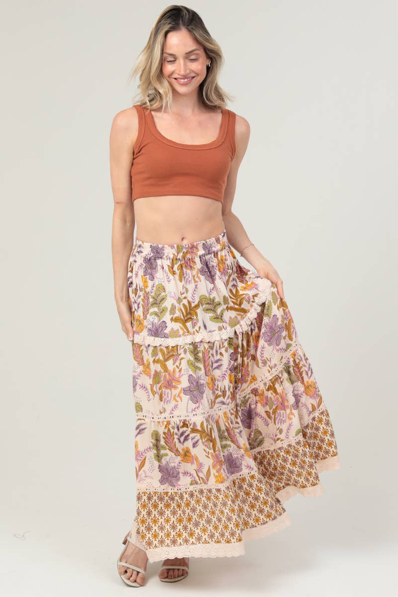 ANGIE - 26P74-FQ19 TIERED LACE TRIM MAXI SKIRT WITH SIDE SLIT