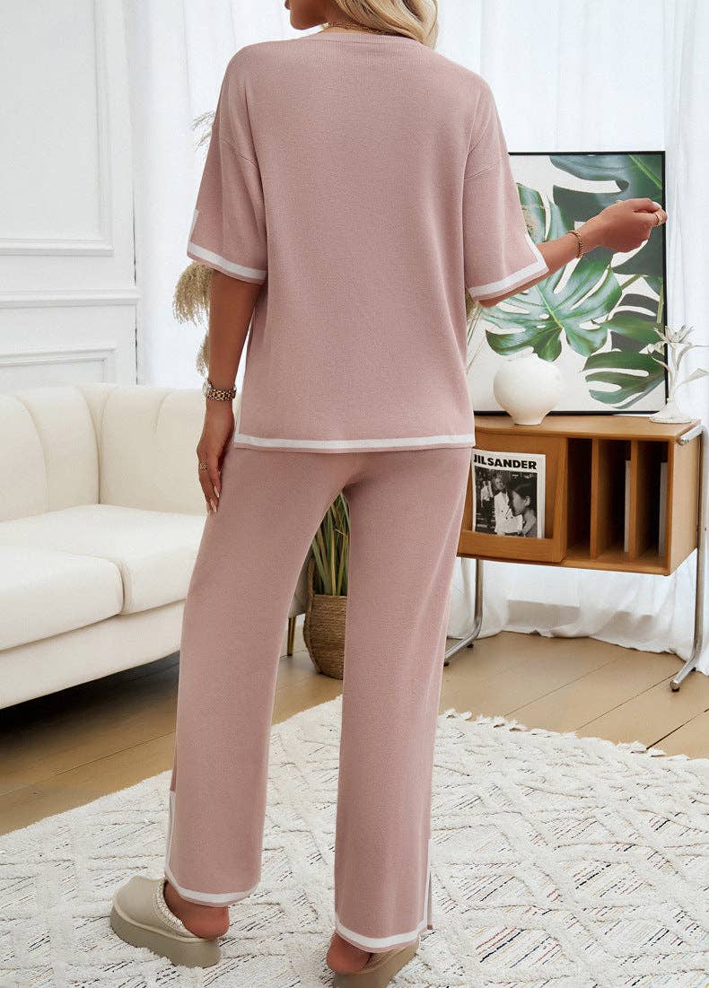 Lovesoft - 2 Piece Short Sleeve Contrasting Sweater Trouser Set