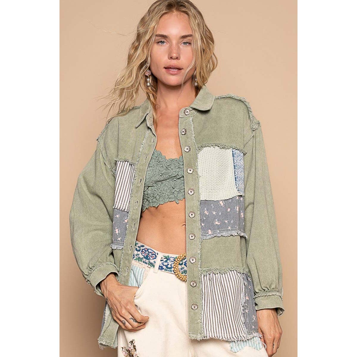 Pol Clothing - Oversize balloon sleeve mix fabrication jacket