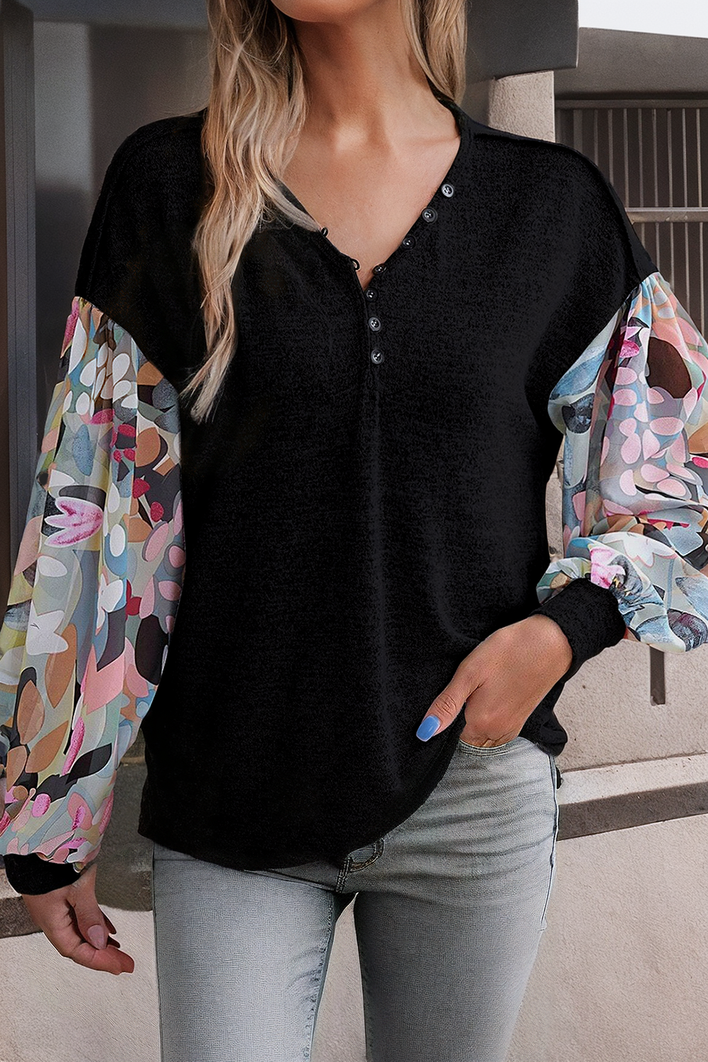 Little Daisy Closet - Floral Lantern Sleeve Patchwork Buttoned V Neck Top
