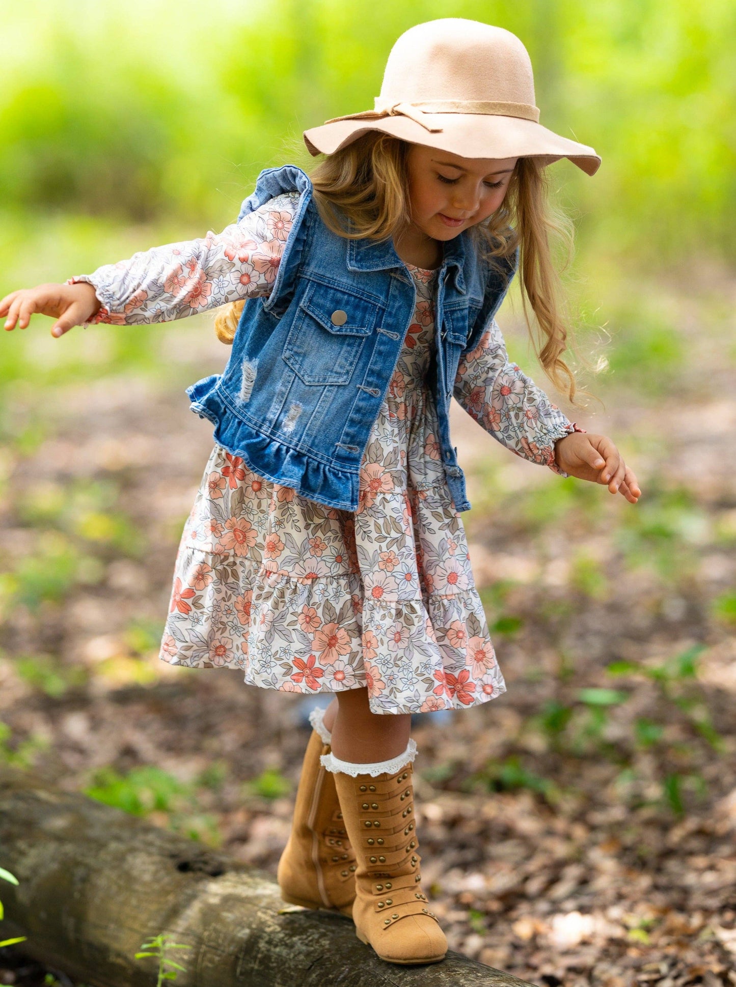 Mia Belle Girls • Wholesale - Long Sleeve Floral Dress w/ Ruffle Denim Vest & Set