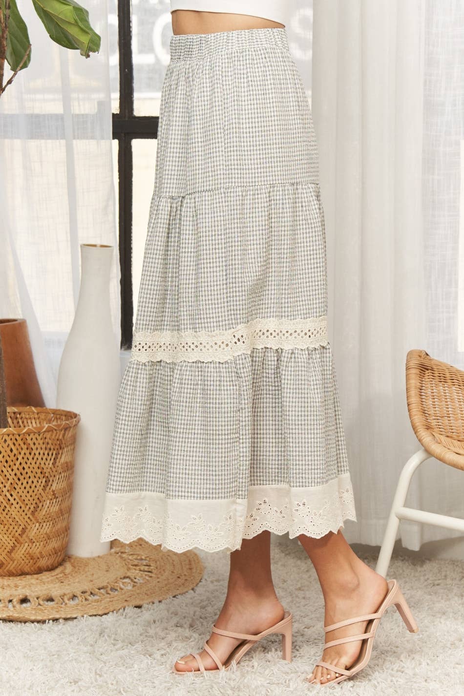ADORA LA - CES4088 -GINGHAM TIERED MIDI SKIRT LACE TRIM