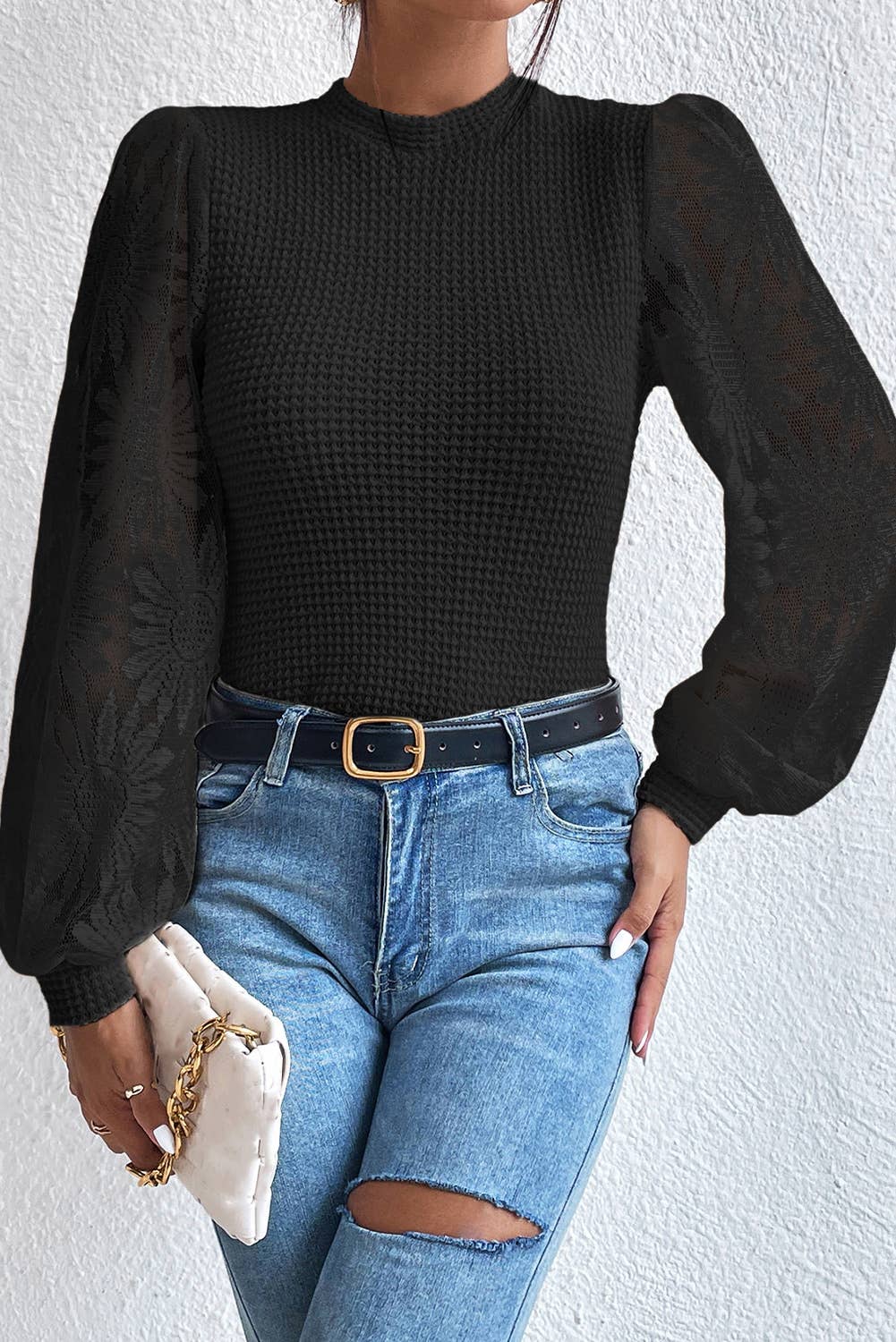 Pretty Bash - Sunflower Mesh Waffle Knit Top