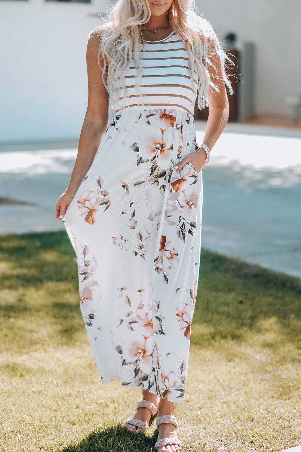Lovesoft - White Striped Floral Print Sleeveless Maxi Dress with Pocket