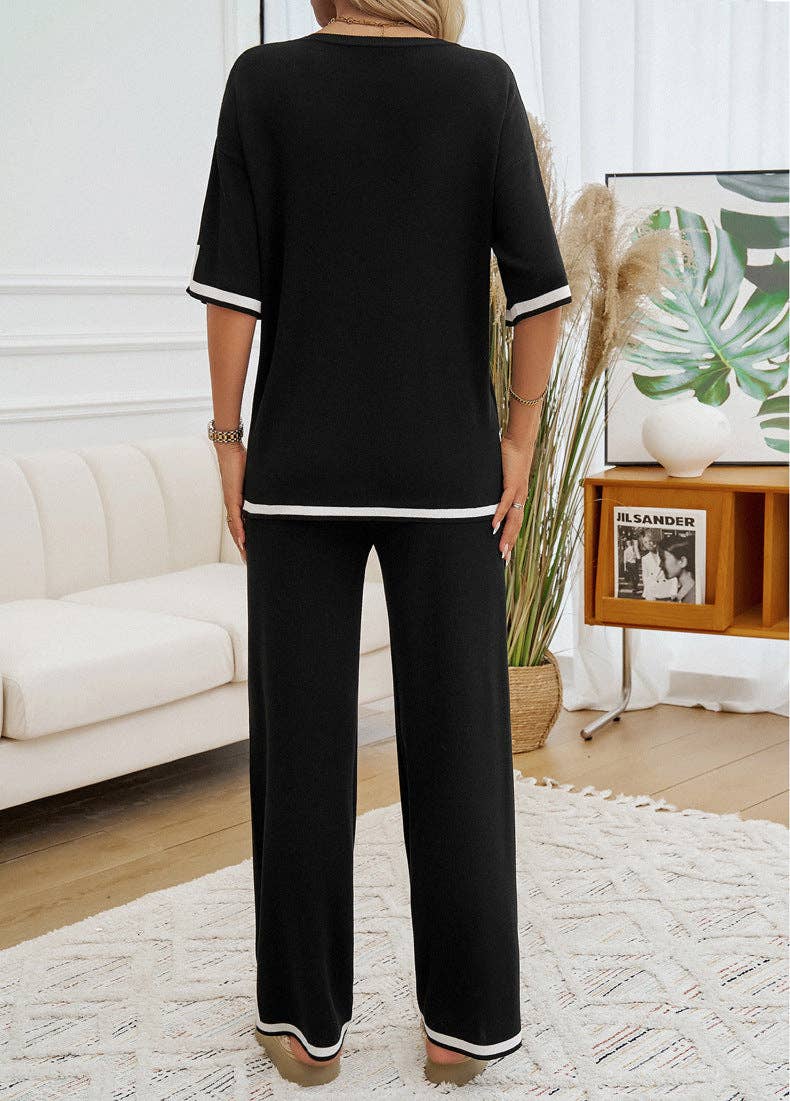 Lovesoft - 2 Piece Short Sleeve Contrasting Sweater Trouser Set