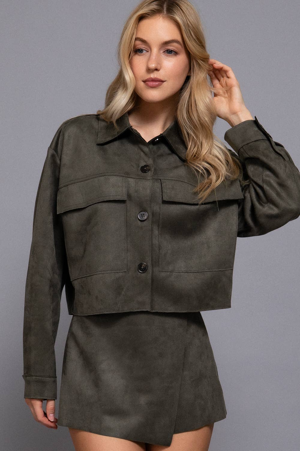 Active Basic | Active USA - Long Sleeve with Front Patch Pocket Faux Suede Short Jacket