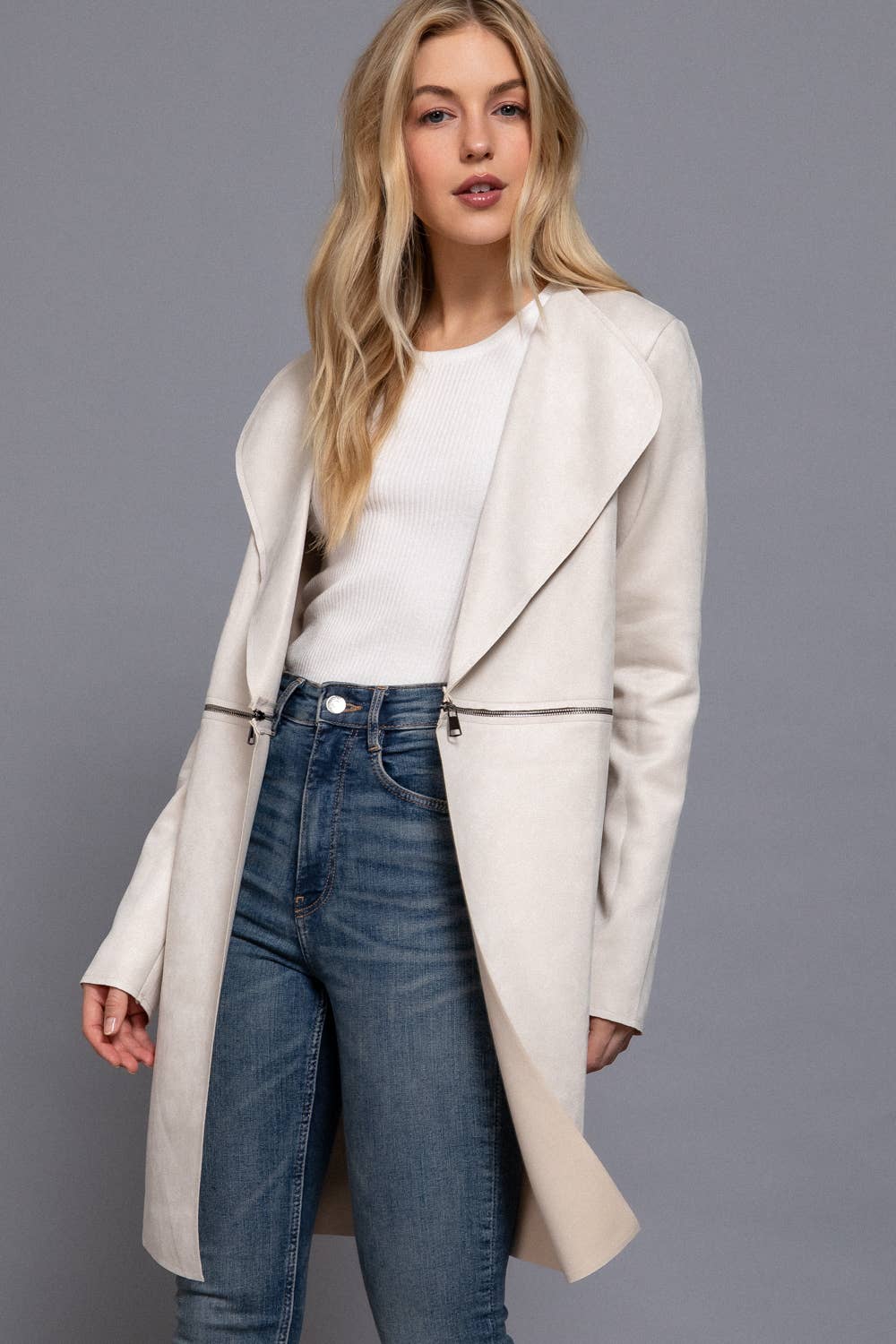 Active Basic | Active USA - Long Sleeve Front Two Zipper Detail Faux Suede Long Jacket