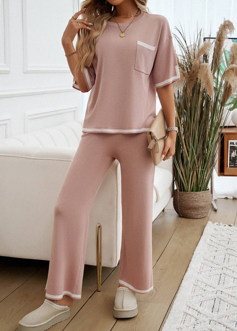 Lovesoft - 2 Piece Short Sleeve Contrasting Sweater Trouser Set