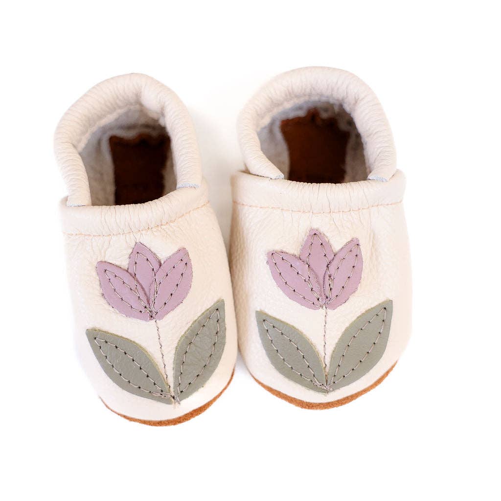 Starry Knight Design - Tulip on Cream Leather Shoes Moccs Baby and Toddler