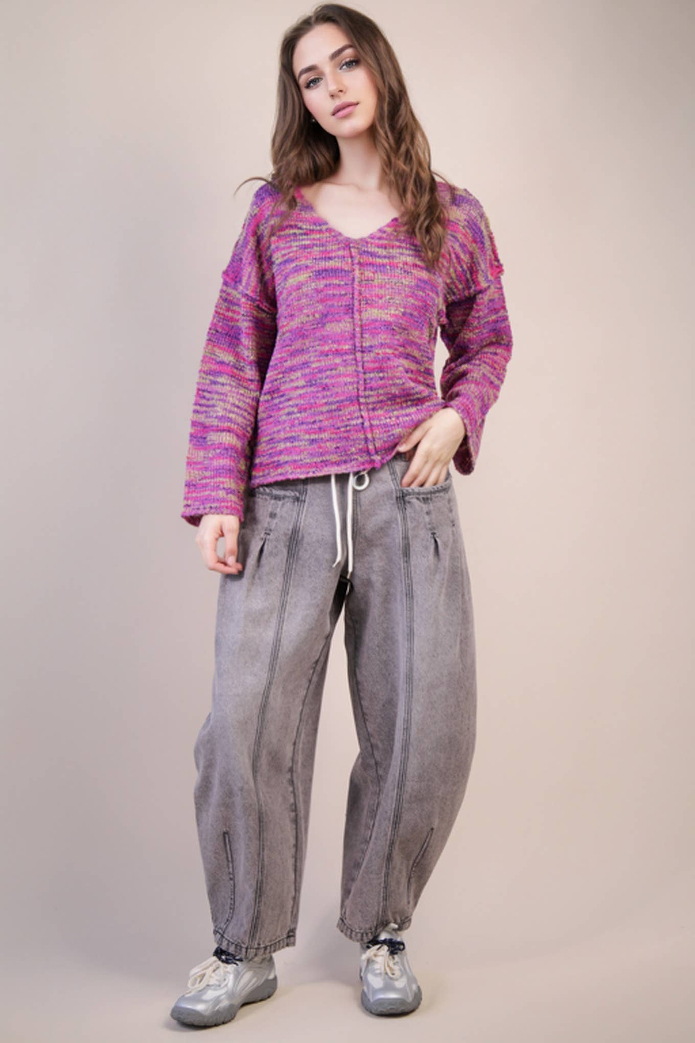 VERY J - 12W3270N-Oversized Casual Multi Color Knit Sweater Top