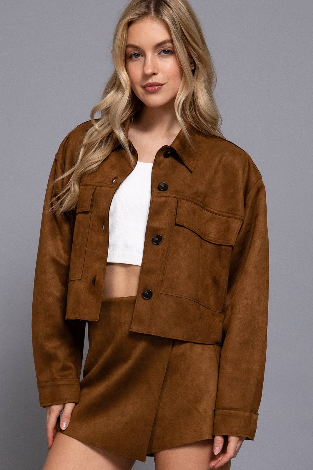 Active Basic | Active USA - Long Sleeve with Front Patch Pocket Faux Suede Short Jacket