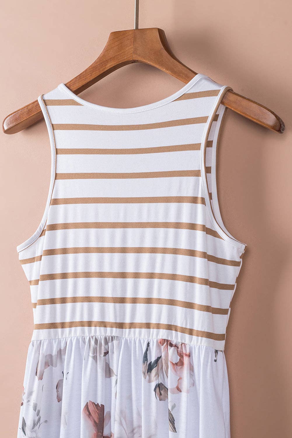 Lovesoft - White Striped Floral Print Sleeveless Maxi Dress with Pocket
