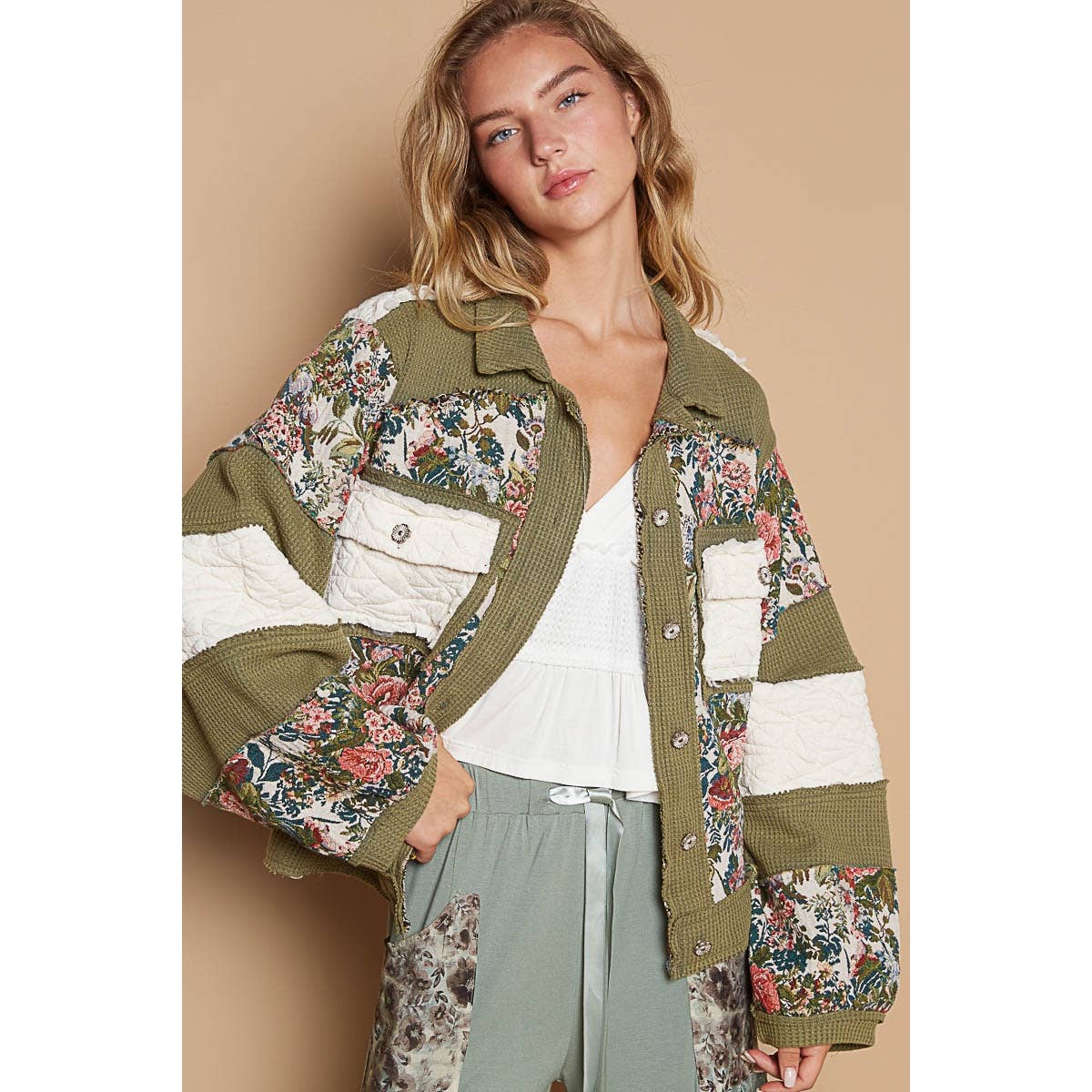 Pol Clothing - Vintage washed jacquard color block jacket