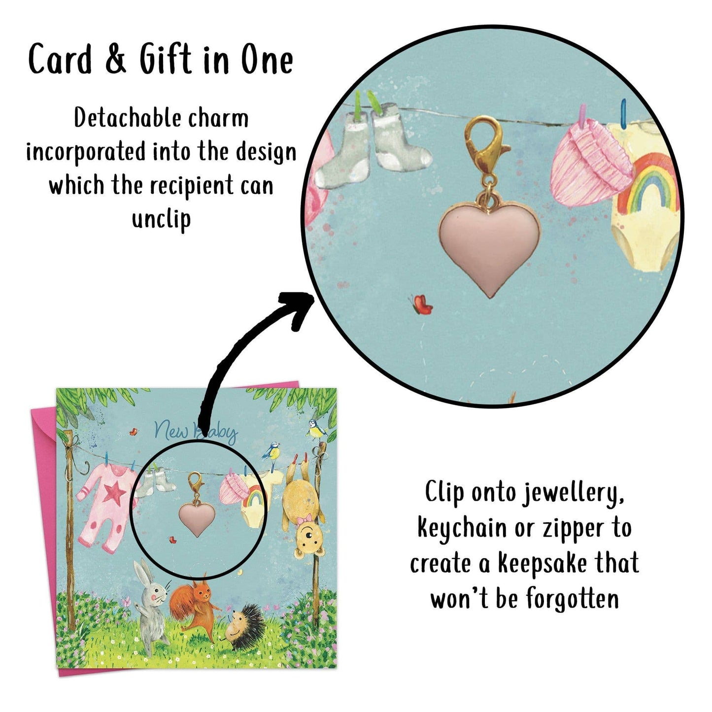 Twizler Ltd - New Baby Girl Card & Gift with Detachable Pink Heart Charm
