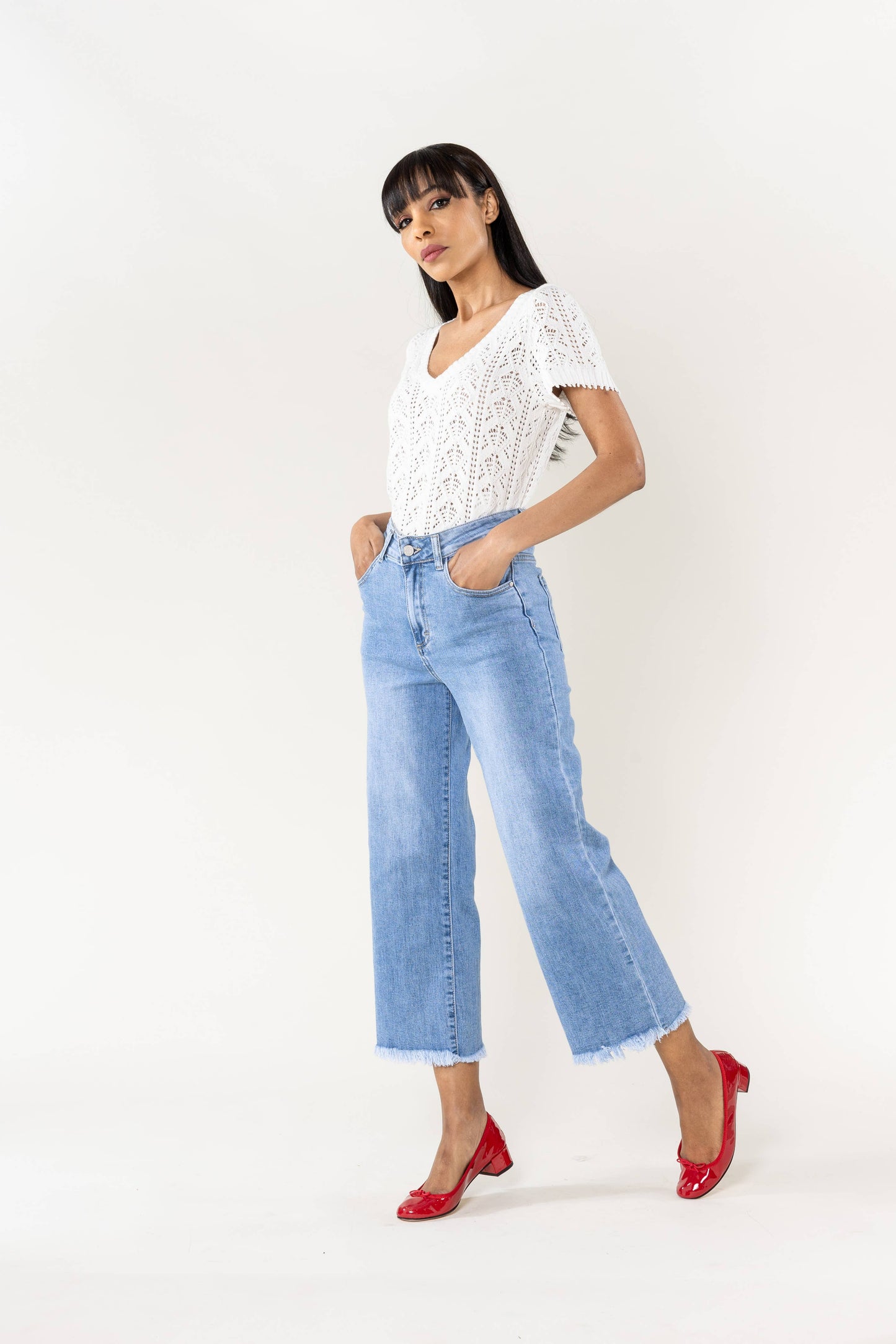 Nina Carter - Jean Nina Carter flare cropped frayed stretch QY1850