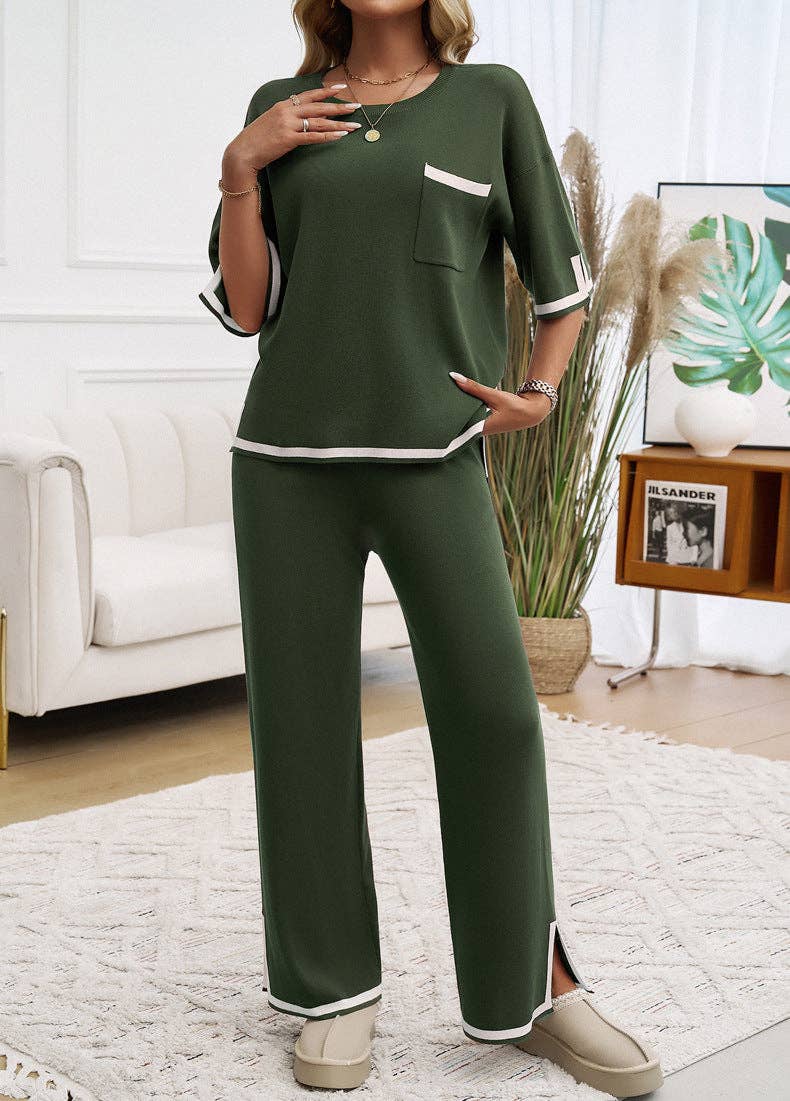 Lovesoft - 2 Piece Short Sleeve Contrasting Sweater Trouser Set